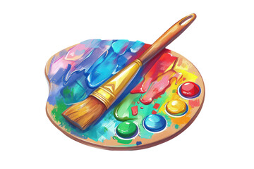Colorful paint palette and brush artwork, perfect for creative projects, illustrating artist supplies in vibrant hues.