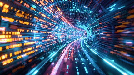 Obraz premium Vibrant high-tech tunnel with fast-moving lights, illustrating the concept of highspeed digital data flow