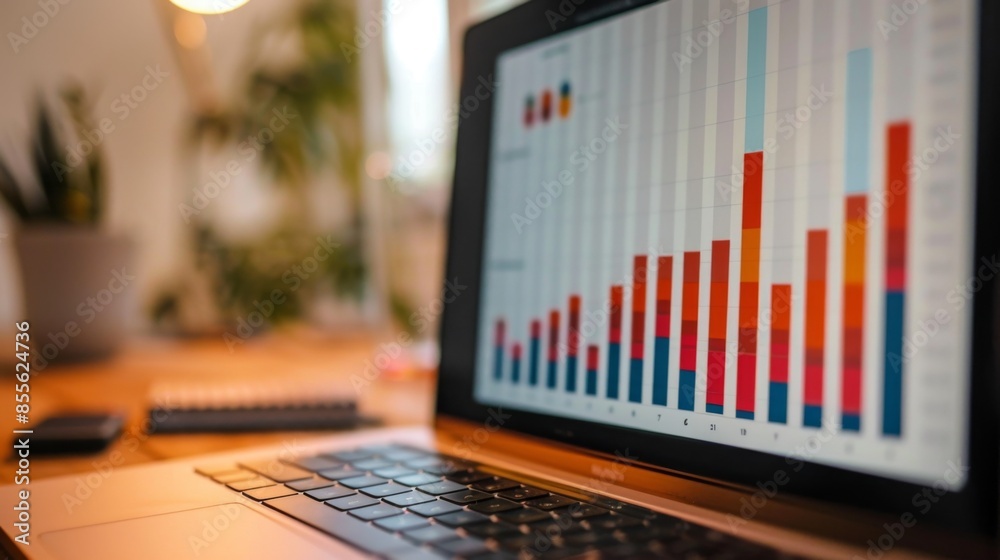 Poster A bar chart on a laptop screen displaying quarterly financial results with percentages and dollar amounts