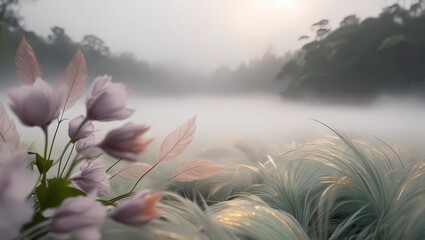 Misty Sunrise Over Serene Lake with Feather-Like Leaves and Delicate Flowers