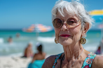 Elegant Elderly Woman at Beach on Sunny Day
