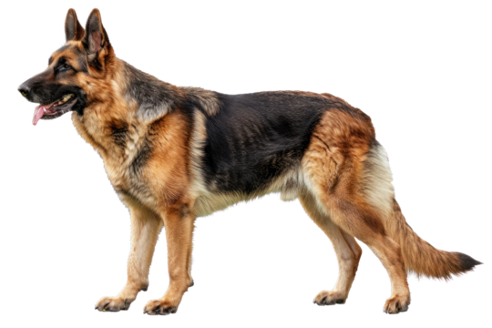 Side view of a majestic German Shepherd standing attentively with a graceful posture, showcasing its loyal and intelligent nature.