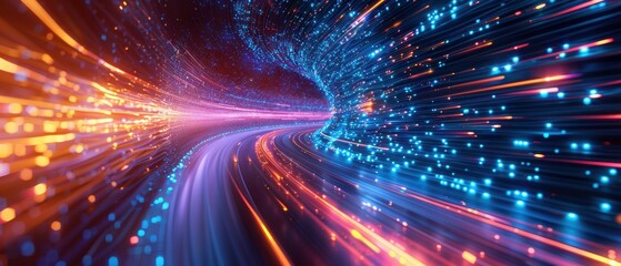 Lightspeed tech tunnel with dynamic colors, symbolizing futuristic digital communication and data transfer