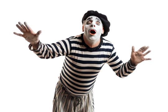 White-faced mime artist in a striped shirt and beret performing an expressive act with outstretched hands on a white background.
