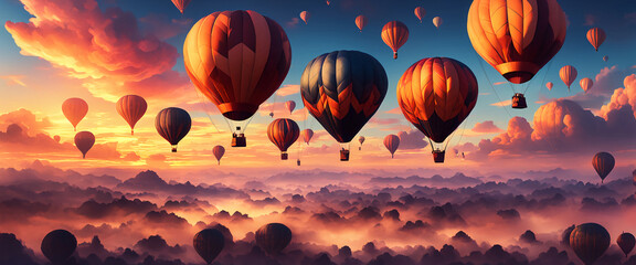 Obraz premium Fantasy hot air balloons at sunset in the sky design. 