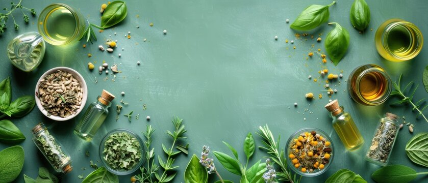 Green background with a variety of herbal medicine components, such as essential oils and dried herbs, perfect for showcasing natural remedies and naturopathy