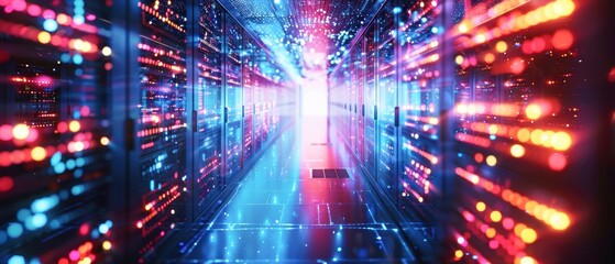 Obraz premium Futuristic data tunnel with vibrant lights, showcasing the power of quantum computing technology