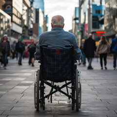 Obraz premium Lonely figure: Elderly man with white hair, wearing blue jacket in wheelchair, back to viewer, gazes at bustling city life