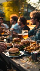 Happy Friends Enjoying Red Wine at Rooftop Dinner Table &ndash; Multiracial Young People Celebrating Summer Party, Beer Festival, and Independence Day. Food and Beverage Concept. AI Generated