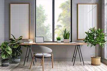 Stunning space with work area, artwork, seating, and potted plant.