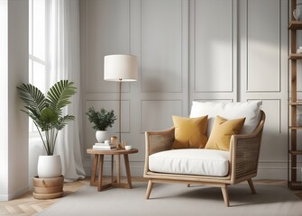 Interior of light living room with sofa and tulips in vase for International Women's Day
