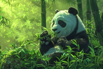Obraz premium Cute giant panda sitting and eating bamboo in a lush bamboo forest, soft fur. The concept of the national symbol of China, representing sincerity, friendliness, tolerance and kindness. 