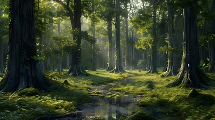 Obraz premium Serene Cypress Forest with Mysterious Gauge Amid Lush Greenery