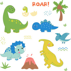 set of cute dinosaurs diplodocus, pterodactyl, triceratops, stegosaurus