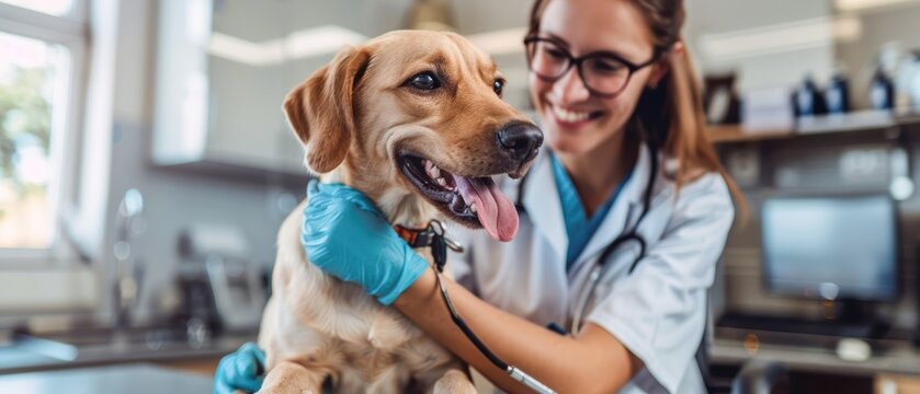 A beaming female veterinarian in a white lab coat, administering a vaccination to a young dog, in a modern, clean veterinary office