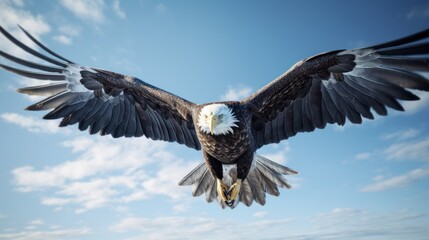 Obraz premium Majestic bald eagle soaring through a clear blue sky, wings spread wide, detailed feathers, sharp eyes 