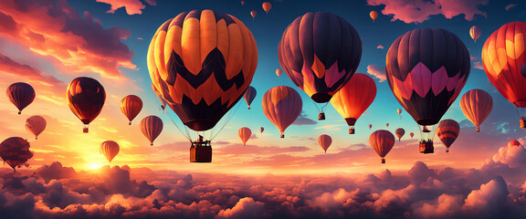Obraz premium Fantasy hot air balloons at sunset in the sky design. 