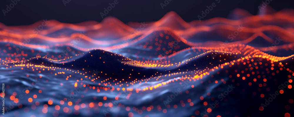 Wall mural abstract digital background with glowing lines and dots forming a network, dark blue backdrop with o