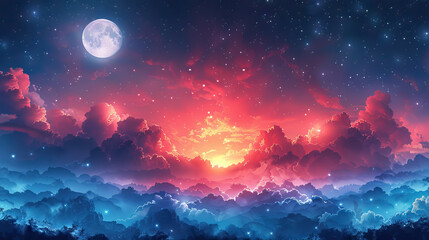 Fototapeta premium cloud background, pink and blue gradient sky with moon and stars, dreamy atmosphere, soft light, watercolor style, pastel tones.