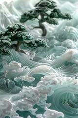 Naklejka premium Dreamy Chinese Landscape Painting in Shades of Light Blue and White with Flowing Organic Forms and Ambient Textures