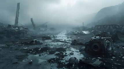 Haunting Technological Wasteland with Derelict Machines in Ominous Atmospheric Haze