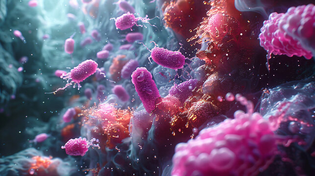 A microscopic view of healthy intestinal cells regenerating, with probiotic bacteria depicted as supportive elements in the process.