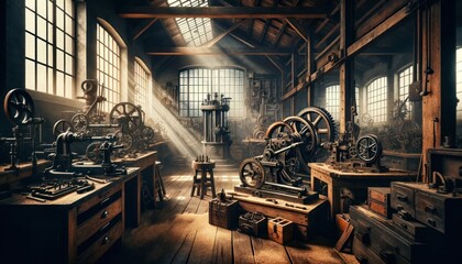 vintage industrial workshop filled with machinery from the early 20th century.