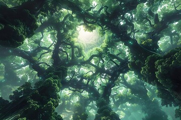 Verdant Digital Jungle:Towering Fractal Trees,Bioluminescent Alien Flora,and Undulating Energy Fields in a Procedurally Generated Environment