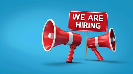Join our team with this 3D banner featuring a megaphone and speech bubble to signify job opportunities.