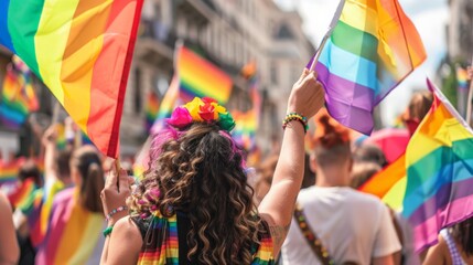 Crowd celebrating with rainbow flags at a public event