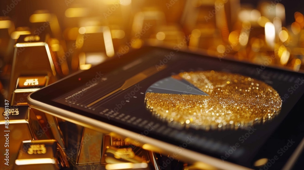 Poster a digital tablet displaying a pie chart illustrating global gold production and consumption statisti