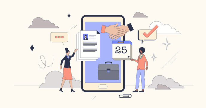 Talent acquisition solutions for HR work tiny person neubrutalism concept. Human resources recruitment management with distant hiring agreements and candidate online meetings vector illustration.