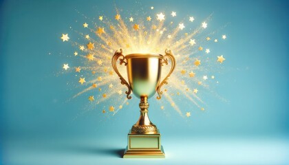 majestic golden trophy against a pastel blue background. A magical explosion of sparkling golden stars is emanating from the trophy,