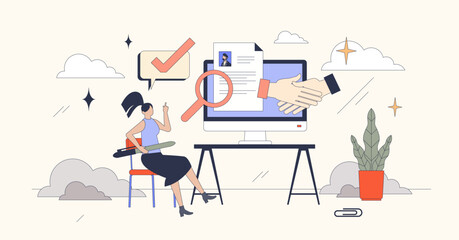 Talent acquisition software as HR automation tiny person neubrutalism concept. Human resources work with employee candidates profiling and screening assistance using AI tools vector illustration.