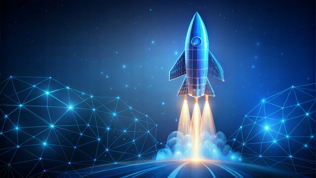 Digital rocket launch into outer space. copy space. Boosting and takeoff career concept. Abstract spaceship in blue on technological background. 