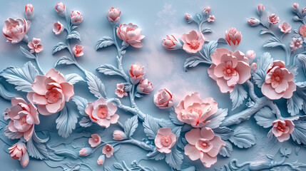 vintage rose and leaves sclupture on blue background.