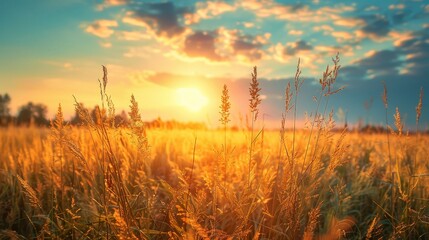 A stunning sunset over a golden wheat field with dramatic clouds and sun rays, capturing the beauty of nature.