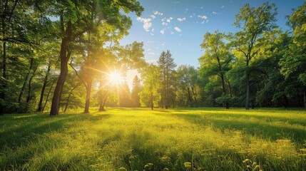 Obraz premium Beautiful sunlit forest meadow with lush green trees and a bright blue sky, capturing the essence of nature on a sunny day.