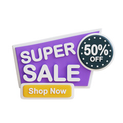3d Super Sale 50 percent icon. Suitable for promotions, discounts, sales, and marketing materials. Great for online shops.