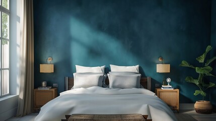 Chic Modern Bedroom Interior Design - 3D Rendering for Stylish Home or Hotel Interiors with Deep blue wall