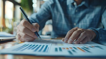 Close-up of a business professional's hands analyzing financial data with a pen and charts in an office setting.