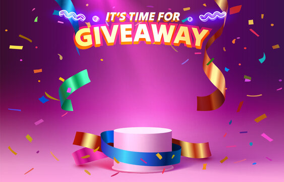 Giveaway podium, shop mega discount, special promo frame. Vector illustration