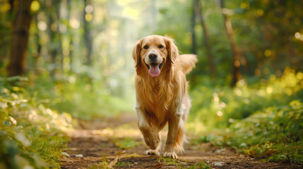 A happy golden retriever walking in nature