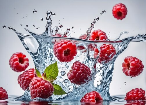 Juicy ripe raspberries, ripe raspberries. Splash of raspberries. Raspberry tea, jam, cocktail, juice. Juicy raspberries in water splashes creative vector. Juicy berries and fruits. Water drops.
