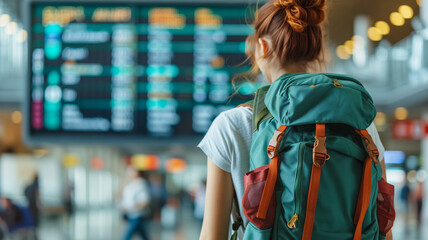 Frau am Flughafen mit Rucksack - Alleinreisende macht Weltreise