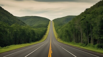 Naklejka premium Mountain Highway Road Trip with Clear Sky and Green Landscape