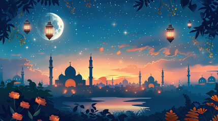 mosque silhouette with lantern and flowers bushesh against sunrise view with moon and stars for  Muharram Tentative Day.