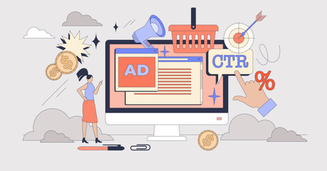 Digital advertising and marketing campaign tiny person neubrutalism concept. Social media ads strategy for effective and targeted content vector illustration. E-commerce website offer promotion.