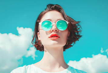 Woman in sun glasses with colorful reflection. Unusual woman portrait in glasses. 