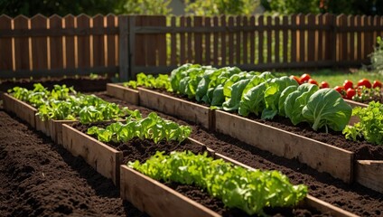 organic vegetable garden with a variety of plants like tomatoes, lettuce, and peppers. Show neatly arranged rows of healthy, vibrant plants growing in rich, dark soil. Include na